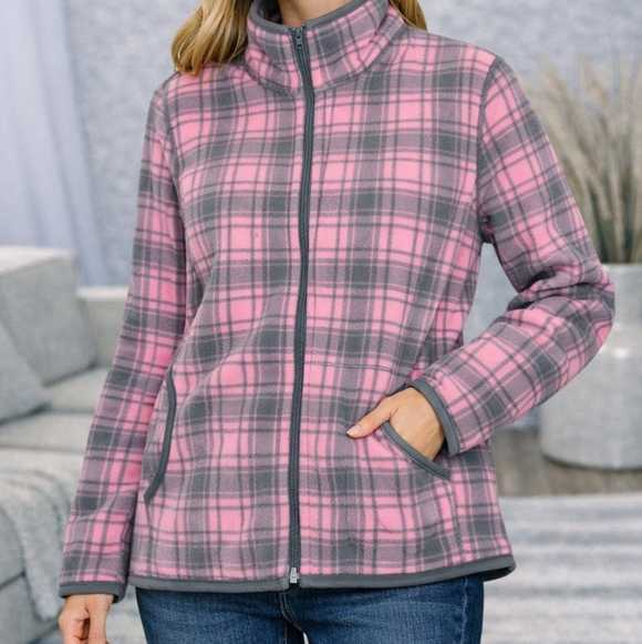 Jackets & Blazers - Plaid Pink and Gray Women's Jacket Fleece Warm Soft Mock Neck L XL